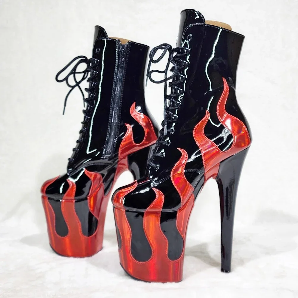 NIB Flamingo 1020FLM Flame Black Patent Red Flames 8" Heel Platform Ankle Boots